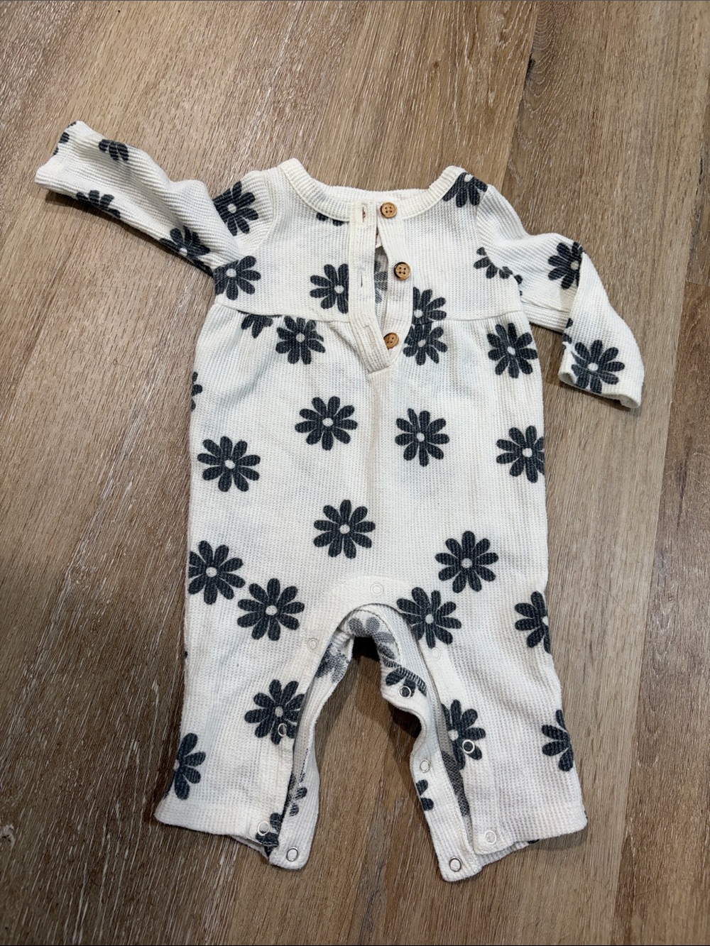 Neutral Floral One-Piece Romper with Button Front bottom snap waffle material